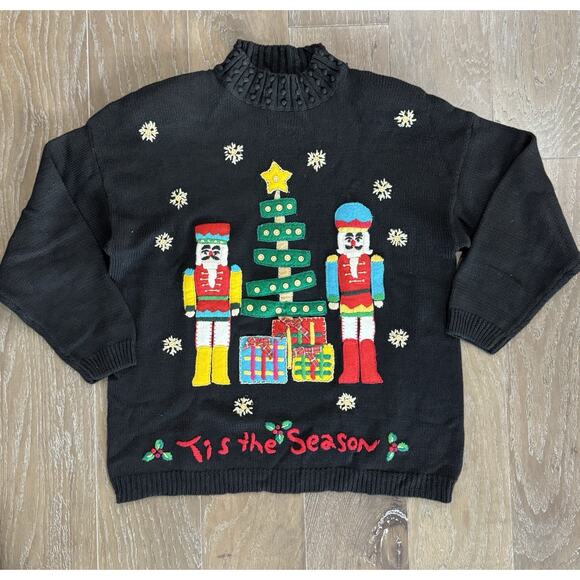 VTG Christmas Sweater Pullover Black Embroidered Beaded XLNutcrackers Ugly Tacky - Picture 1 of 5